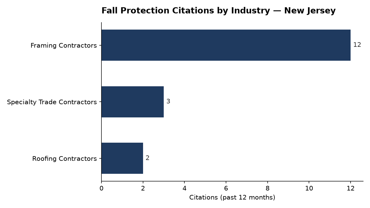 Bar chart of OSHA fall protection citations by industry in New Jersey