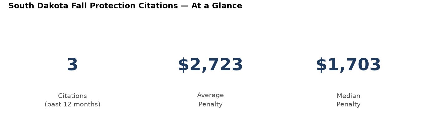Key statistics: 3 fall protection citations in South Dakota, average penalty $2,723, median $1,703