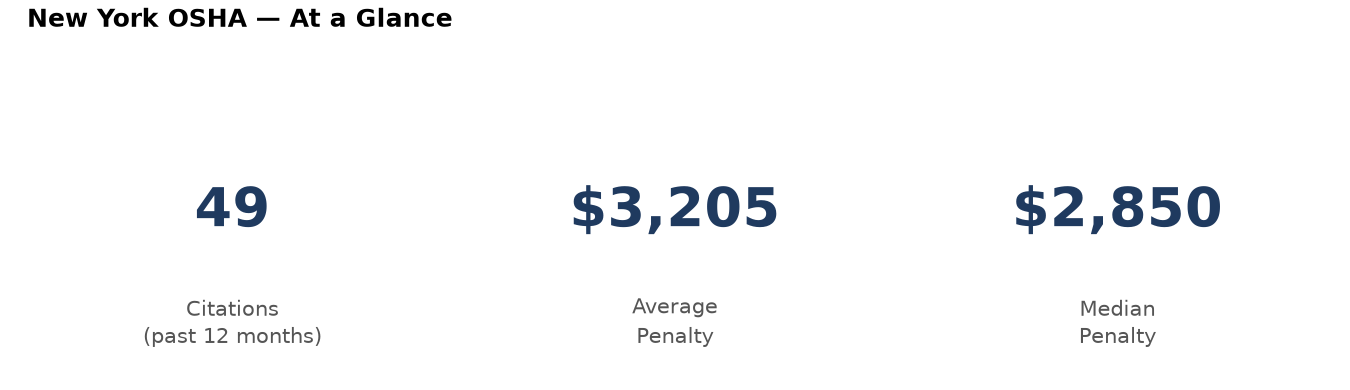 Key statistics: 49 osha citations in New York, average penalty $3,205, median $2,850